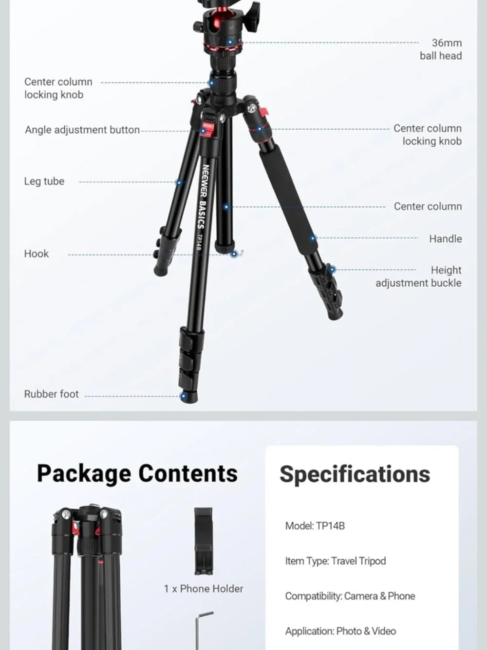 Neewer Black & Red Camera Tripod with Monopod Conversion
